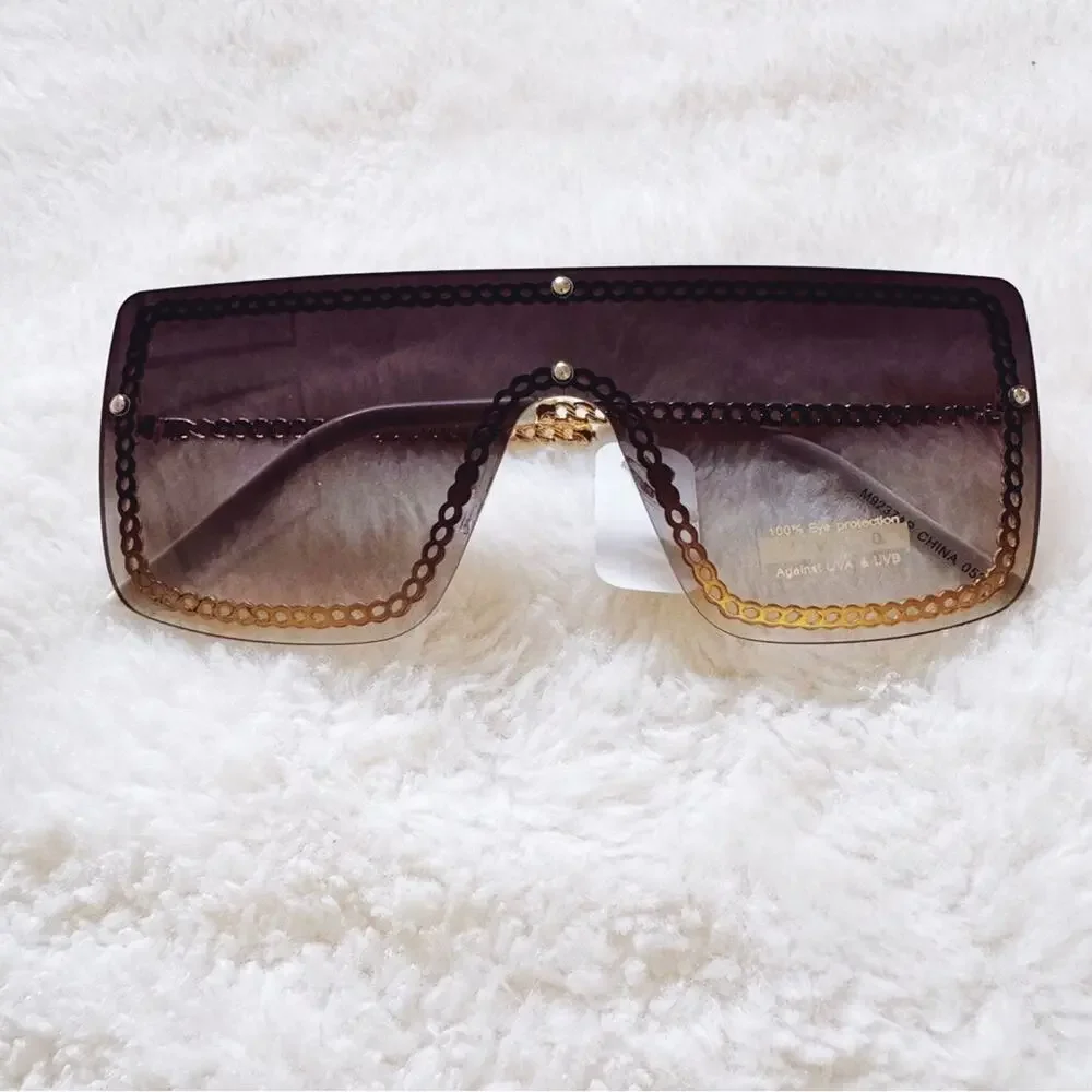 Christine Black Two Tone White Chain Oversized Shield Sunglasses